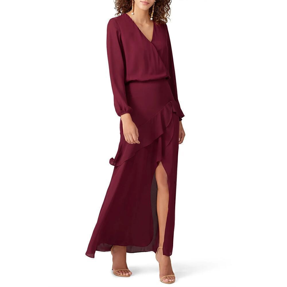 Krisa Maxi Dress Long Sleeve Faux Wrap Slit Layered Gown Burgundy Red Size Small
